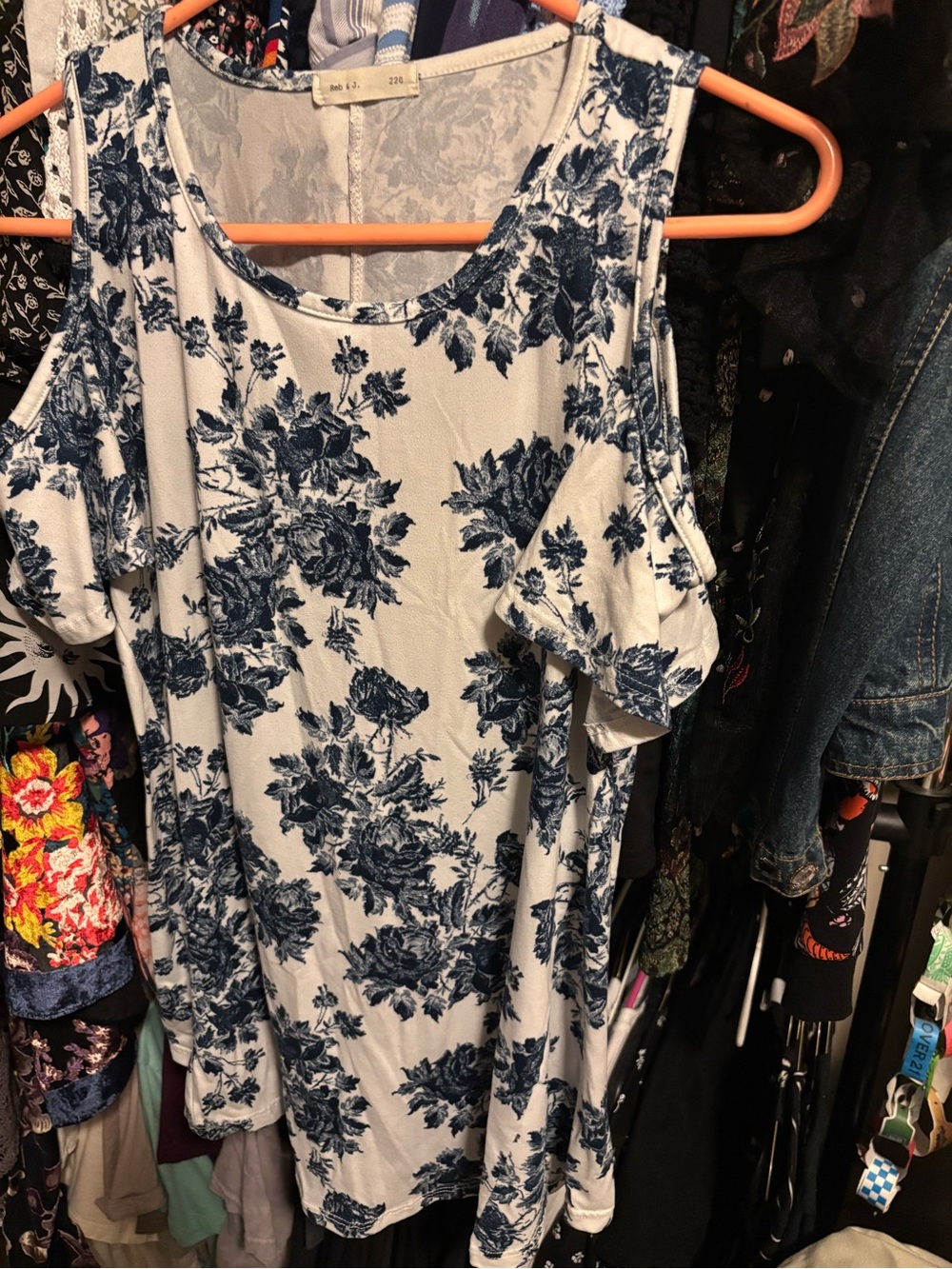 Blue Floral Cold-Shoulder Tank Top — Blue on White